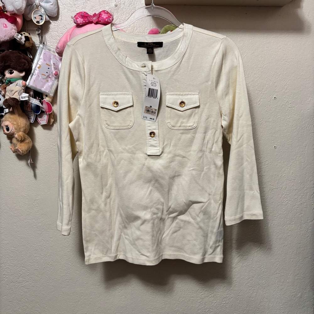 NWT Lauren Ralph Lauren Henley 3/4 Sleeve in Crème Size Medium